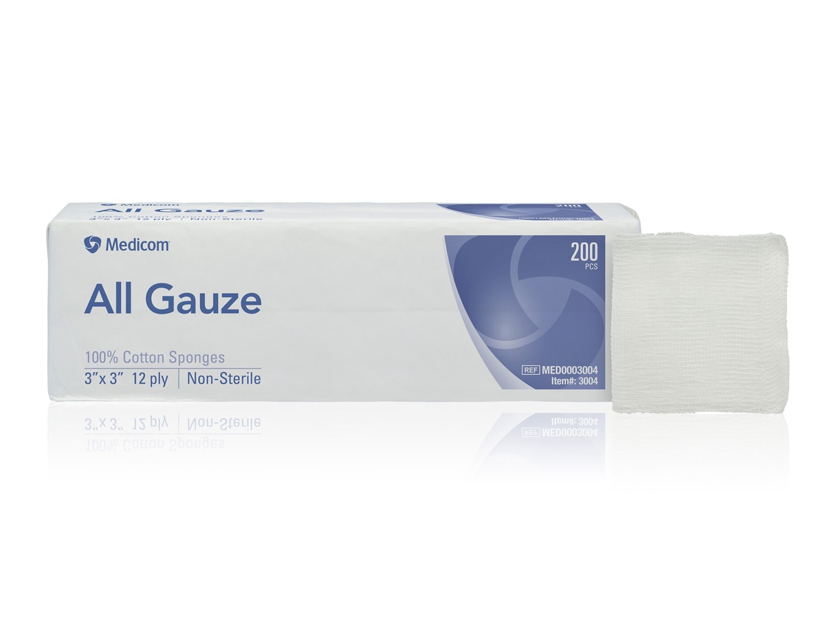 MEDICOM ALL GAUZE SPONGES 3" x 3" x 12ply 200pk