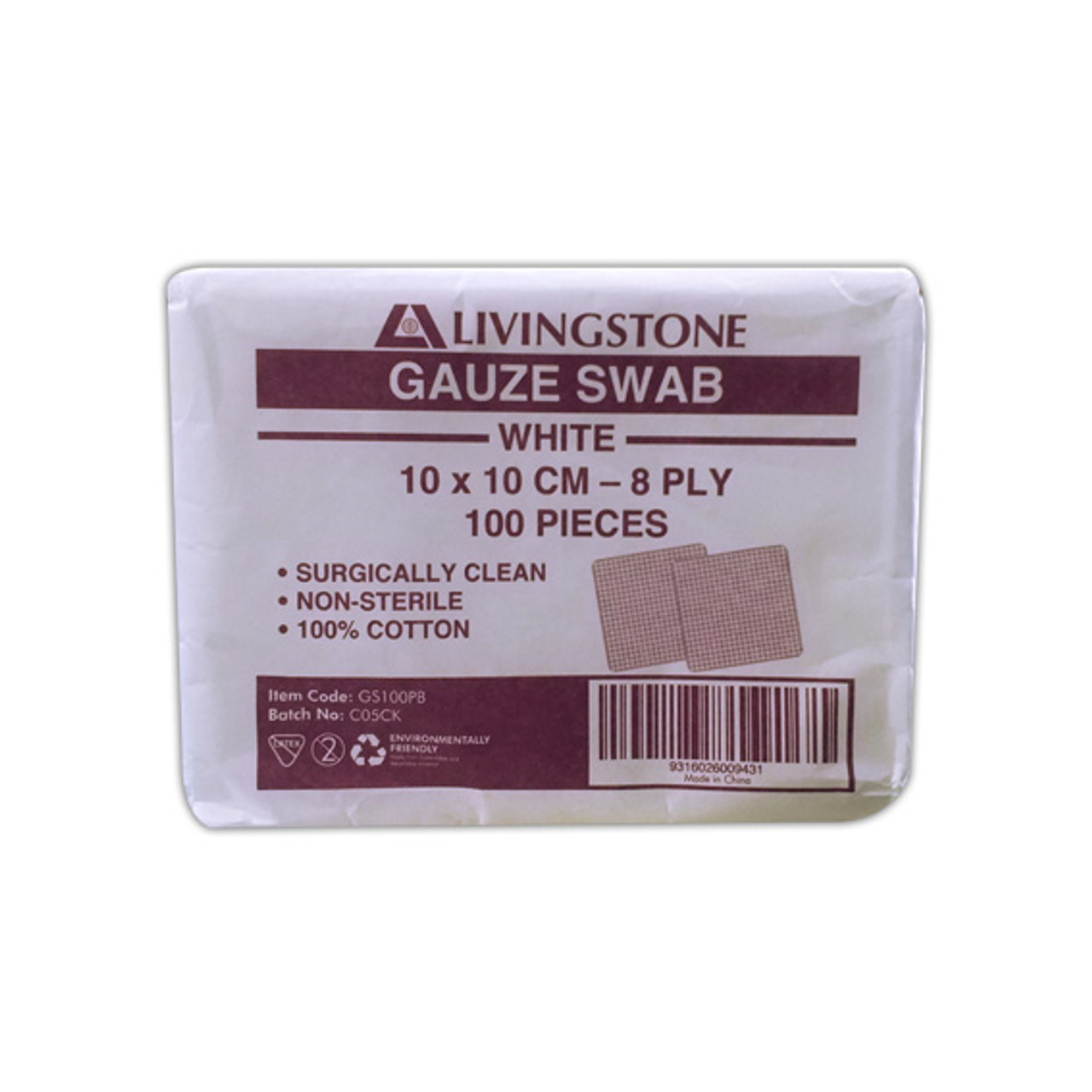 Livingstone Gauze Swabs, 10 x 10 cm x 8 Ply, White